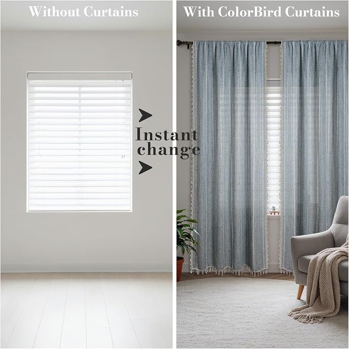 ColorBird Blue Boho Curtains Linen-Textured for Living Room Bedroom Light Filtering 84 Inches 2 Panels Farmhouse Embroidered Striped Curtains & Drapes for Nursery Dining Room Closet Window Treatments