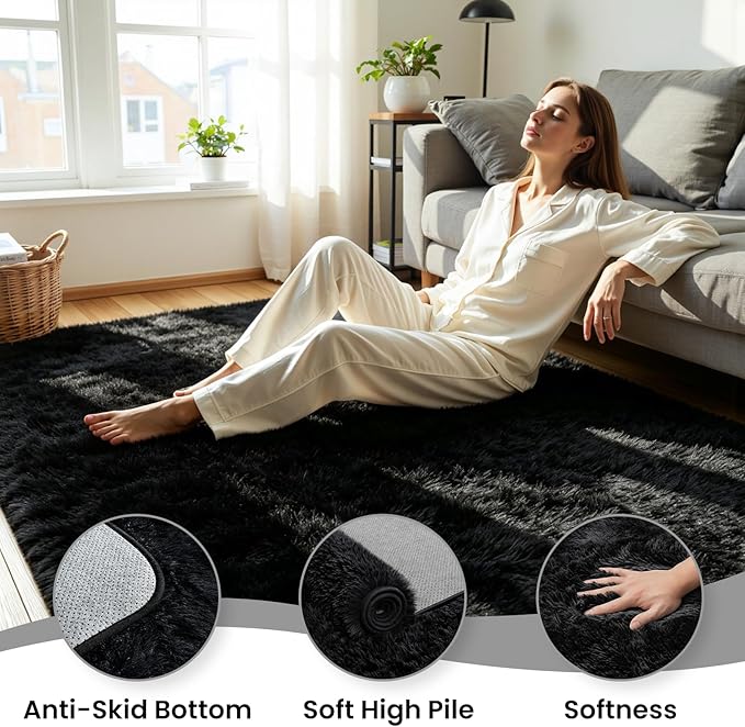 4x6 Area Rug for Living Room, Ultra Soft Fluffy Black Rugs for Bedroom, Non Slip Large Shag Carpet, Fuzzy Plush Nursery Rug, Thick Washable Indoor Floor Carpets for Kids Office Dorm Home Decor