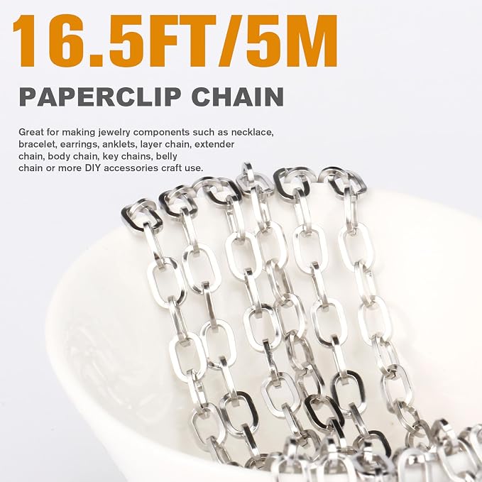 16.5FT Stainless Steel Paperclip Chains Roll, 5mm Stainless Steel Paperclip Link Chains Spool Bulk for Jewelry Making