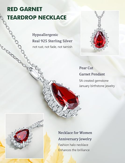 925 Sterling Silver Teardrop Necklace for Women Huge Created Gemstone Solitaire Halo Pendant Pear Cut Birthstone Necklace