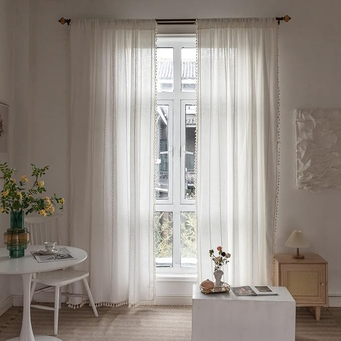 Boho Linen Curtains Off White - 96" Long, 2 Panels for Living Room, Bedroom - Embroidery Country Farmhouse Style - Light Filtering - Rod Pocket Drapes 52" W x 96" L