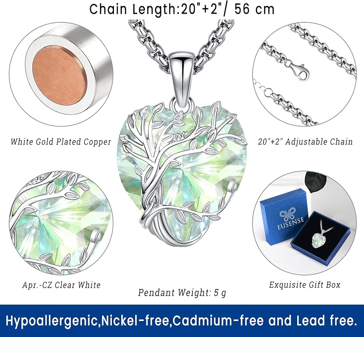 Eusense Tree of Life Necklace for Women White Gold Plated Copper Moonstone/Turquoise/Black Onyx/Crystal Birthstone Pendant Jewelry Gifts for Women Men