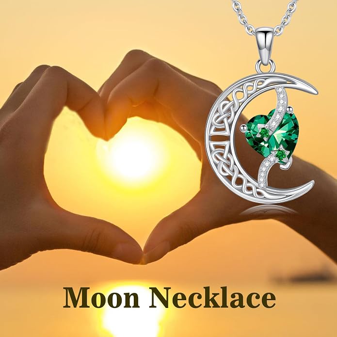 TOUPOP Moon and Star Birthstone Necklace for Women 925 Sterling Silver Celtic Moon Jewelry Birthday Mothers Day Gifts for Mom Wife Her