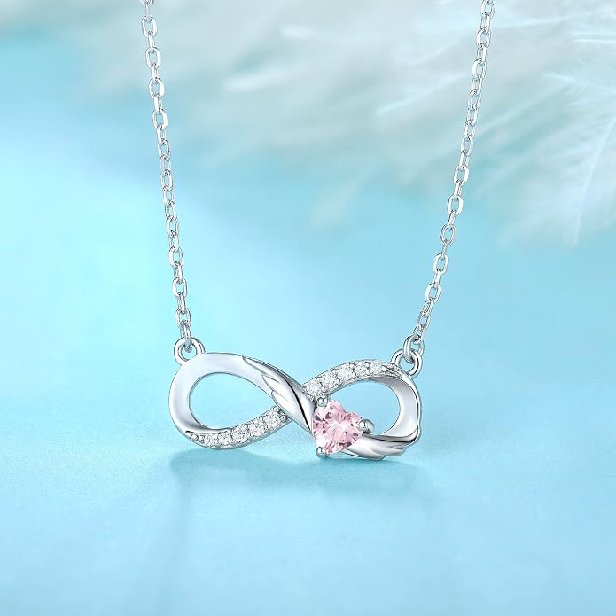 STARCHENIE Infinity Necklace 925 Sterling Silver Angel Wings Heart Birthstone Necklace for Women