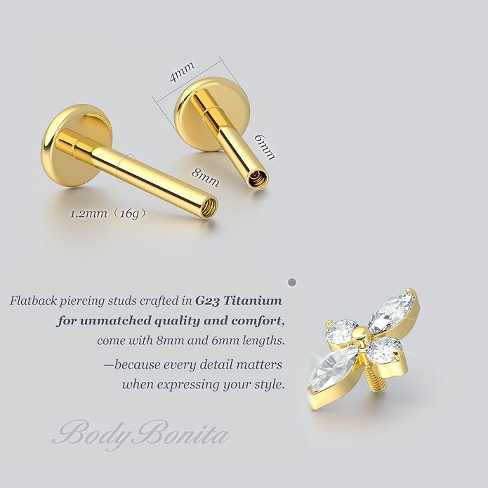 BodyBonita 16G Stud Earrings Flat Back - G23 Titanium Internal Thread Cartilage Earrings