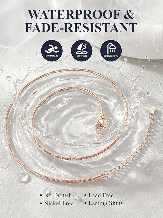 U7 Snake Necklace for Women 14K Gold Plated/Silver/Rose Gold/Black Chain Necklace Hypoallergenic, Stainless Steel Tiny Snake Chain Necklace 1/1.2/1.5/2MM, 14-30" Adjustable Minimalist Gift