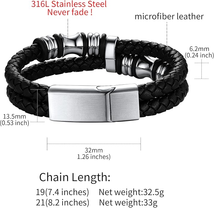 ChainsHouse Mens Wrap Braided Leather Black Bead Bracelets Bangles, Vintage Star of David/Wing Skull/Templar Cross Genuine Leather Bracelet, Customize Available, Size 7.5/8.3/9.0 Inch, Send Gift Box