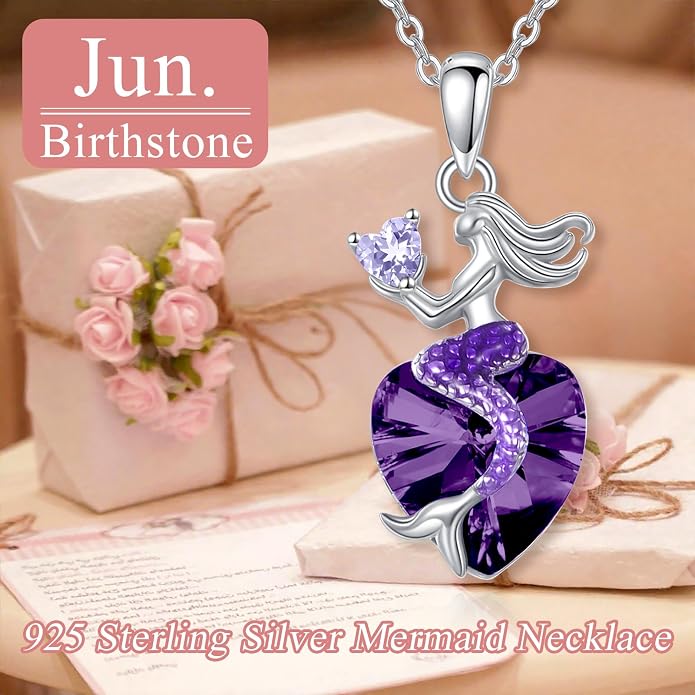 Mermaid Birthstone Necklace for Women 925 Sterling Silver Jewelry Austrian Crystal Pendant Christmas Gifts for Her