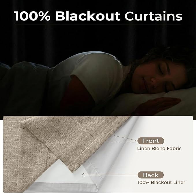 CAPALOCA Burlywood Birch Linen Pinch Pleated Curtains for Sliding Glass Door, 100% Blackout Extra Wide Curtains 90 Inch Long, Thermal Insulated Drapes for Living Room, 70" W x 90" L, 2 Panels