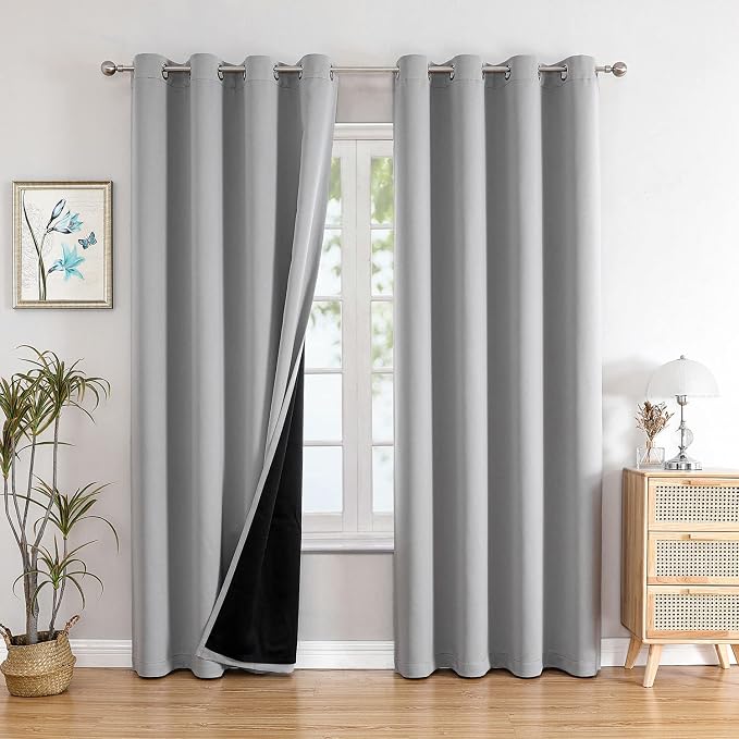 ChrisDowa 100% Blackout Curtains for Bedroom 108 Inches Long 2 Panels Set | 2 Thick Layers, Thermal Insulated, Grommet, Window Treatment, Living Room Drapes with Black Liner, Light Grey, 52 x 108 Inch