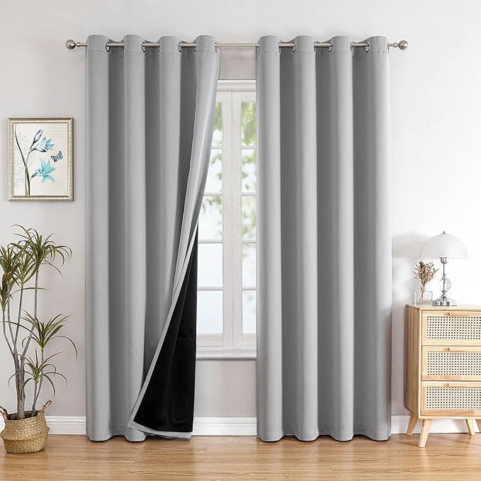 ChrisDowa 100% Blackout Curtains for Bedroom 120 Inches Long 2 Panels Set | 2 Thick Layers, Thermal Insulated, Grommet, Window Treatment, Living Room Drapes with Black Liner, Light Grey, 52 x 120 Inch