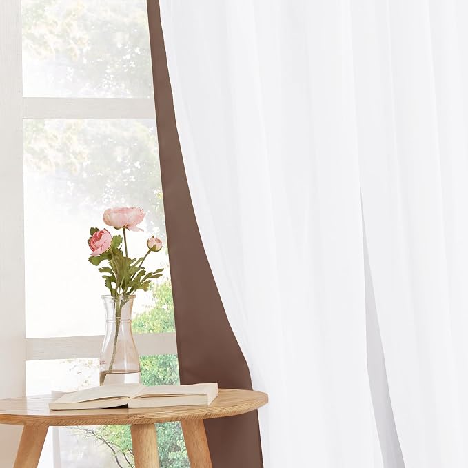 PONY DANCE Window Curtains & Drapes - Grommet Top Blackout Curtains with Crushed Sheer Tie Backs for Living Room Cortinas para Sala, 52 W x 84 L in, Mocha, 2 PCs