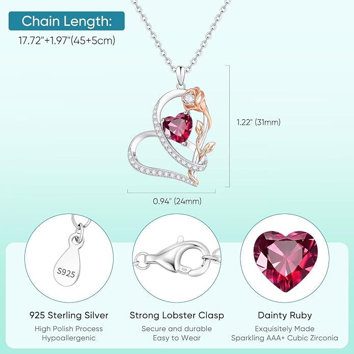 Rose Heart Birthstone Necklace for Women - Dainty 925 Sterling Silver Necklaces for Women Trendy CZ Pendant Necklace Jewelry Birthday Anniversary Christmas Gifts for Girlfriend Mom Lady Daughter