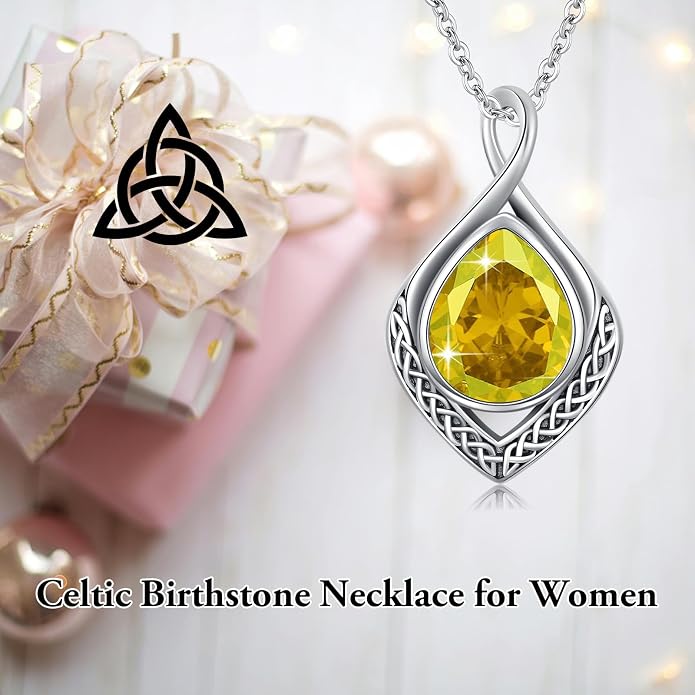 PELOVNY Celtic Knot Necklaces for Women 925 Sterling Silver Gemstone/Birthstone Teardrop Infinity Necklace Irish Celtic Pendant Jewelry Gifts for Mom Daughter Wife
