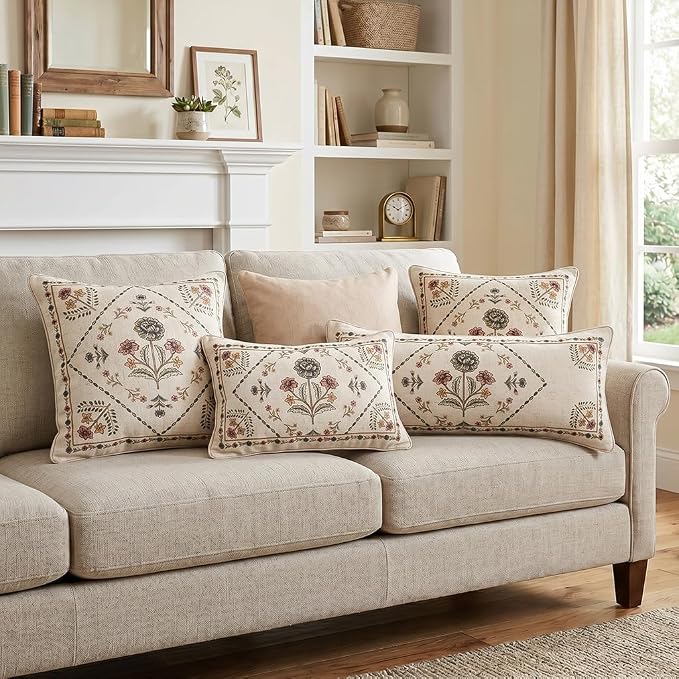 ISAENNE Designer Vintage Linen Throw Pillow Cover,20"x12"-Cornucopia B | Elegant French Rectangle Pillow Cover,Concealed Zipper Design,Floral Pattern,Sofas,Bedroom,Living Room,Lounge Chairs