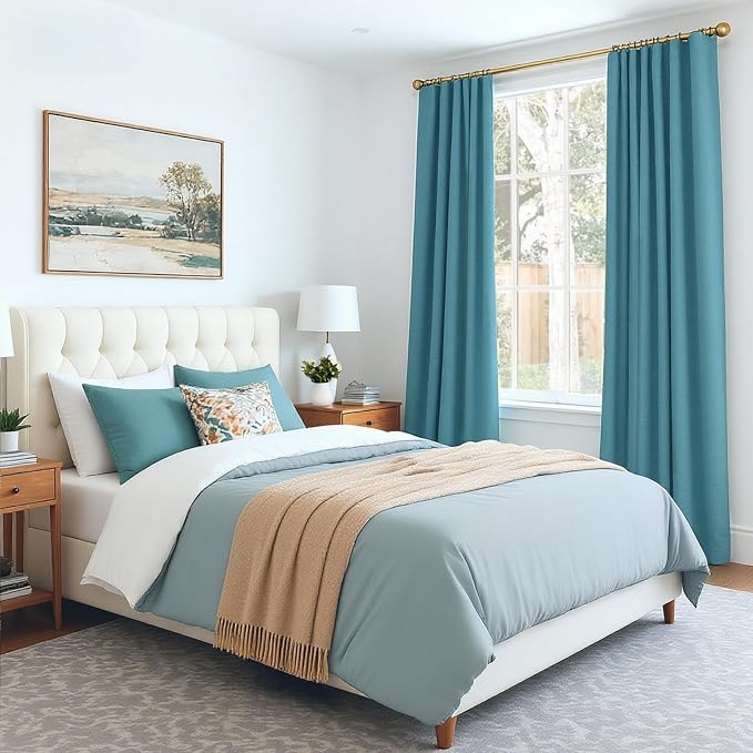 INOVADAY 100% Blackout Curtains for Bedroom, Teal Black Out Curtains 84 Inch Long, Clip Rings Linen Blackout Drapes, Thermal Insulated Room Darkening for Living Room, 2 Panels - W50xL84