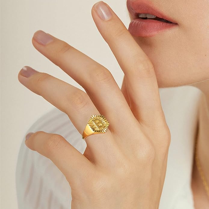 KeyStyle Bold Initial Letter Rings Adjustable, GoldChic Jewelry Women Gold Statement Ring Personalized Engraved Women’s Open Signet Ring for Party (Gold, White Gold, Black)