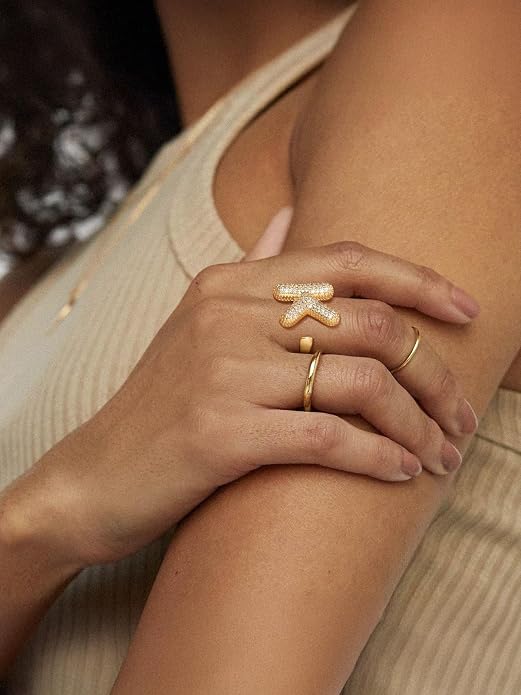 FindChic Initial Ring for Women, Gold Plated Chunky Letter Rings Open Adjustable Trendy Sparkling Cubic Zirconia Personalized Statement Rings Jewelry Gift