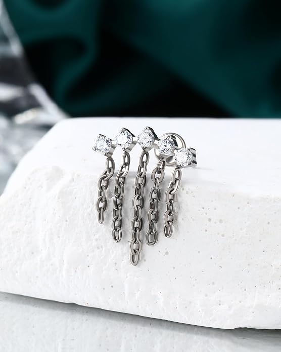 COCHARM G23 Titanium 16g Chandelier Dangle Helix Cartilage Earring Stud Flat Back 8mm Long Drop Dangly Top Helix Cartilage Piercing Jewelry Threaded Screw on Nickel Free