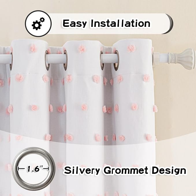 MYSKY HOME Total Blackout Curtains for Girls Bedroom 90 Inch Long 100% Light Blocking Curtains for Living Room 2 Panels Room Darkening Grommet Double Layer Drapes with Pink Pom Pom Sheer 52W x 90L