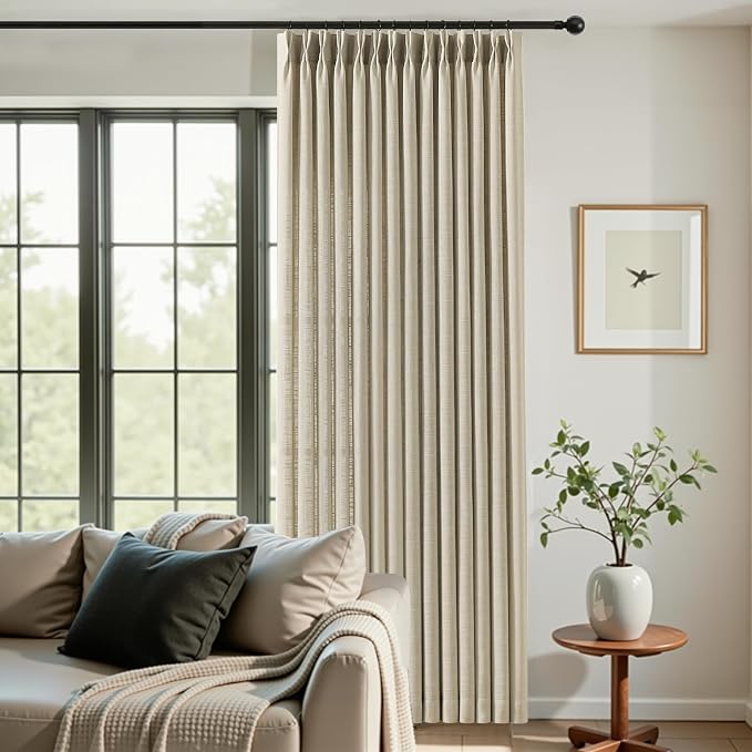 Pinch Pleated Linen Curtains 84 Inch Length 2 Panels Set, Light Filtering Linen Blend Sheer Drapes Memory Trained Pleated Curtain with Hooks Rings Back Tab for Bedroomm Farmhouse, Burlywood Birch
