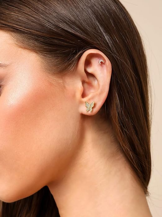 FindChic Hypoallergenic Sterling Silver Small Bar/Heart/Dot/Triangle/Butterfly/Lightning Studs Earrings Minimalist Geometric Jewelry Valentine Gifts for Women Men Girls, with Gift Box