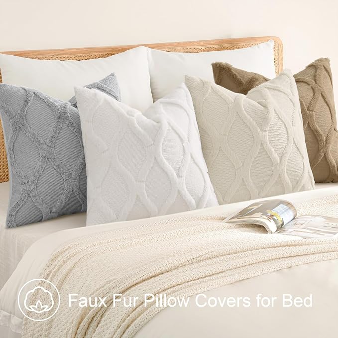 decorUhome Set of 4 Faux Fur Throw Pillow Covers 16x16(Cream/Khaki) | Neutral Decorative Soft Plush Couch Pillow Covers, Farmhouse Pillow Cases for Living Room Bed Sofa