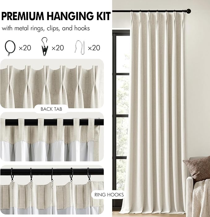 MIULEE Natural Pinch Pleated 100% Blackout Linen Curtains for Bedroom, Room Darkening Memory Trained Light Blocking Window Curtains 112 inches Long for Living Room, Black Out Pleat Drapes, 2 Panels
