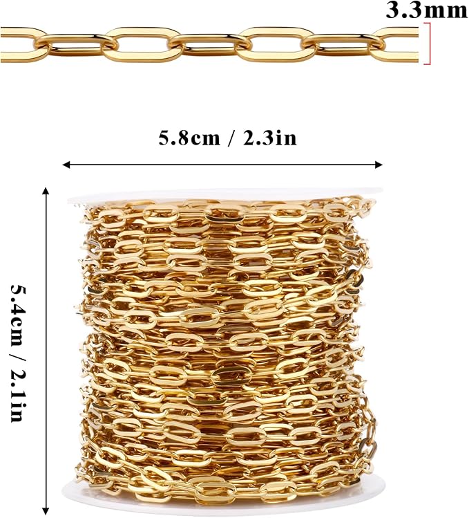 33FT 18K Gold PVD Plated Paperclip Chains Roll, 3.3mm Gold Stainless Steel Oval Link Chains Spool Bulk for DIY Jewelry Making Necklace Bracelet