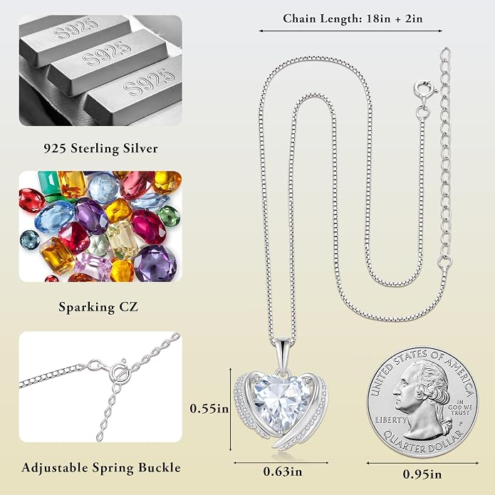 Birthstone Heart Necklace for Women, Infinity Love Heart Birthstone Crystal Charm, 925 Sterling Silver Zirconia Necklace for Mother's Day for your mother and jewelry for your beloved ones on anniversaries