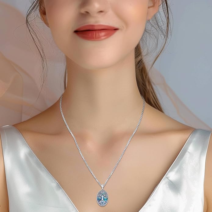 Sterling Silver Tree of Life Necklace for Women Oval Family Tree Necklace Abalone Shell Moonstone Pendant Mother Day Necklace for Mom Tree of Life Jewelry