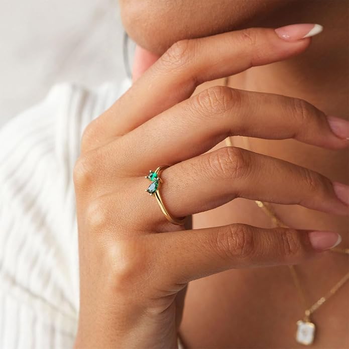 Mothers Day Gifts Gold Heart Birthstone Rings for Women Non Tarnish Stackable Pinky Ring Dainty 14K Gold Plated CZ Gemstone Ring Wedding Promise Ring Birthday Jewelry Gift for Mom