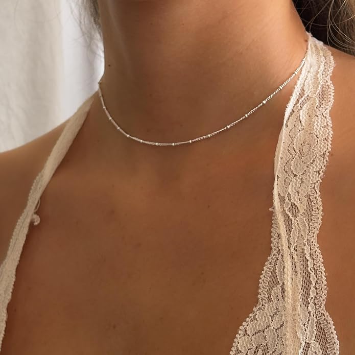 Annika Bella Chain Choker Necklace for Women, 925 Sterling Silver Chokers, Length 13-16 Inches, Short Necklaces for Teens, Waterproof Jewelry Gift for Her