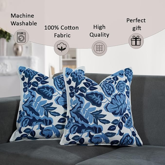 My Whimsical Corner Ombre Blue Boho Decorative Throw Pillow Cover 18x18 Set of 2 Modern Pillow Case Square Embroidered Pillows for Couch Bed Gift for, Easter, Mother's Day