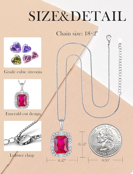 Princess Cut Necklaces for Women, 925 Sterling Silver Emerald Cut Birthstone Pendant Necklace Halo Square Rectangle Jewelry Gifts for Her