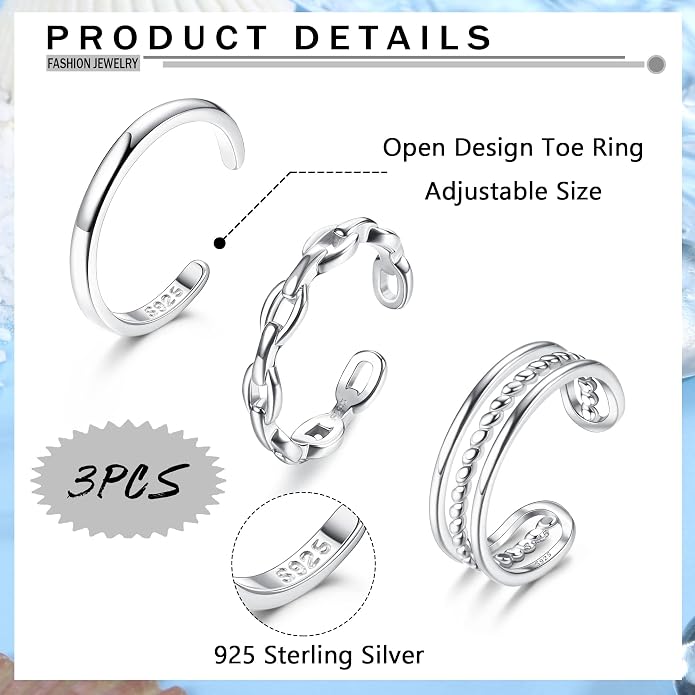 Florideco 3Pcs S925 Sterling Silver Toe Rings for Women Open Toe Rings Comfort-Fit Adjustable Toe Rings Celtic Knot Turquoise Finger Foot Jewelry Set