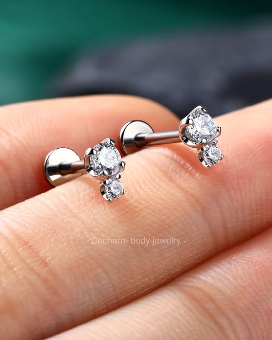 Cocharm 14K Gold Cartilage Earring 16g Real Gold Flat Back Helix Piercing Jewelry Push Pin Tragus Conch Stud for Women Men