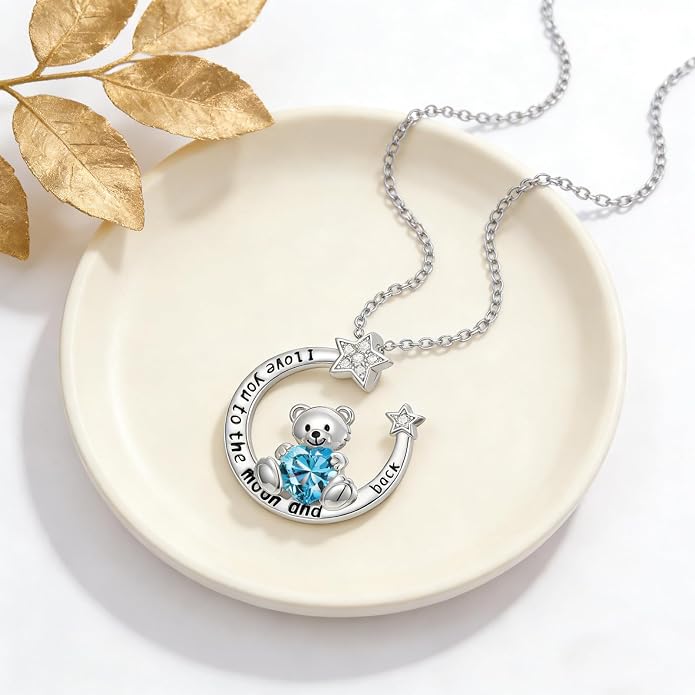 PELOVNY Teddy Bear Necklace for Women 925 Sterling Silver Bear/Highland Cow/Fox/Cat/Axolotl Birthstone Necklace Christmas Birthday Jewelry Gifts for Mom Daughter Wife Sister