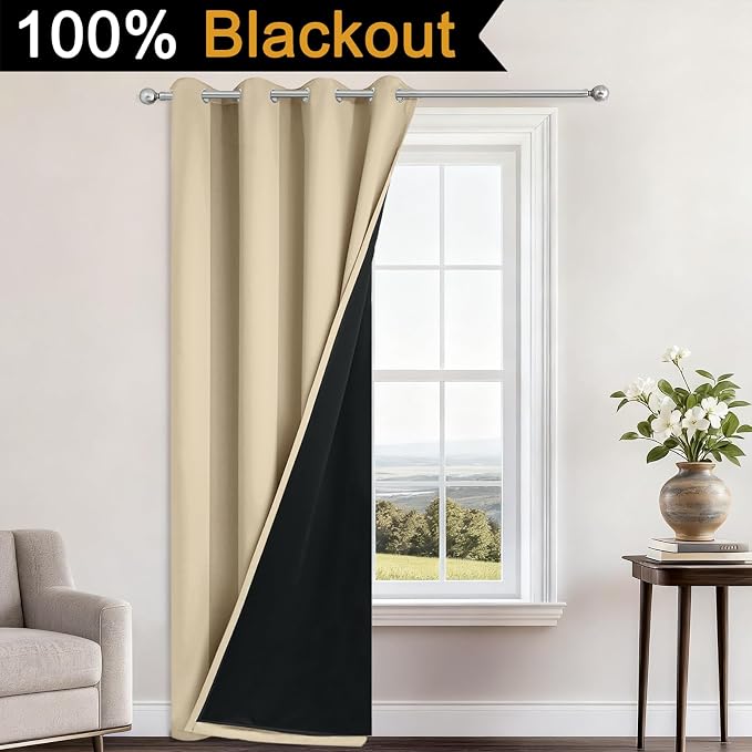 Yakamok Beige Blackout Curtains 84 Inches Long for Bedroom 52" Wide 1 Panel | Blackout Curtain Panels for Bedroom, 2 Thick Layers Grommet Top Thermal Insulated Drapes with Black Liner for Living Room