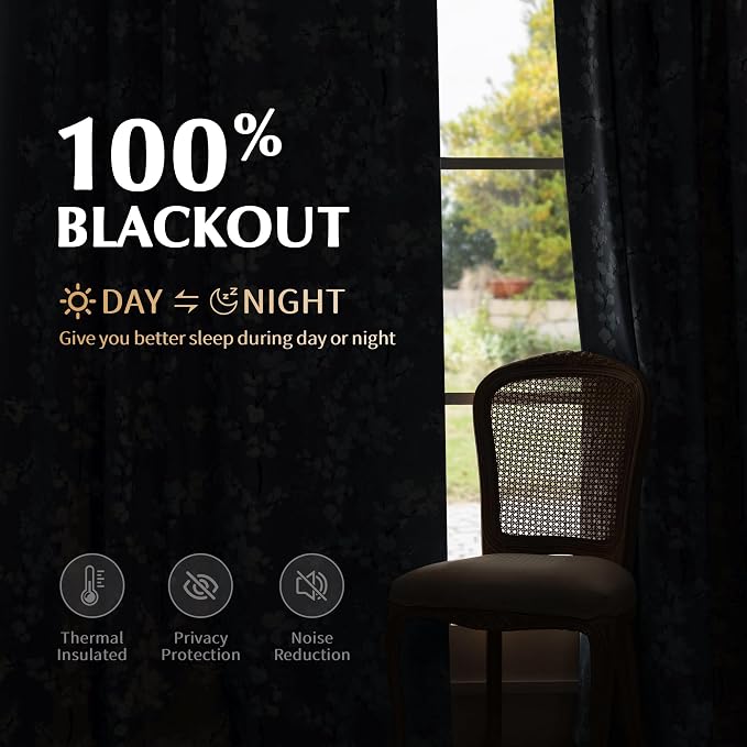 FMFUNCTEX 100% Blackout Blue Floral Curtains 96 Inch Long Grommet 2 Panels | Black Out Drapes,Thermal Insulated Cottage Farmhouse, Blossom Patterned Extra Long Curtain for Bedroom, Living Room Darkening