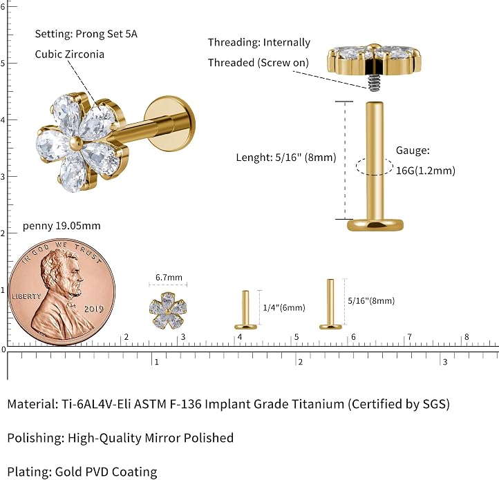 FINE4U 1PC ASTM F136 Titanium 16G Flatback Stud for Tragus, Helix, Conch 6mm 8mm - Screw on Cartilage Earring Piercing Jewelry