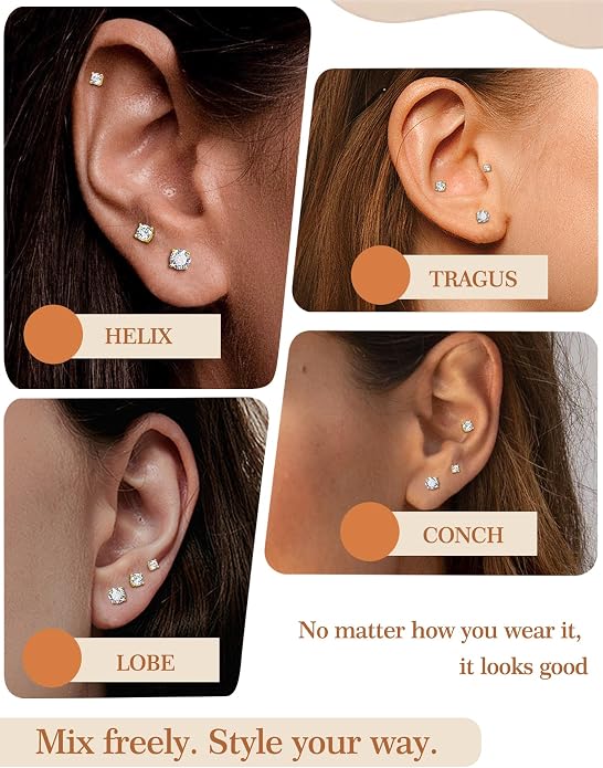 3 Pairs Moissanite Flatback Stud Earrings for Women, 925 Sterling Silver Hypoallergenic Flat Back Cartilage Earrings Set, 18K White Gold Plated