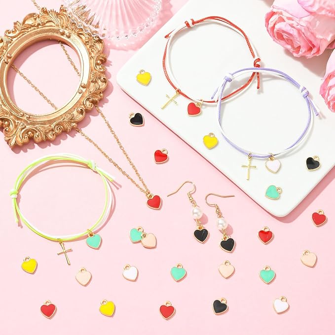 DanLingJewelry 100pcs Random Color Alloy Enamel Heart Charms Peach Heart Charms Enamel Dangle Pendants for Valentine's Day Jewelry Making