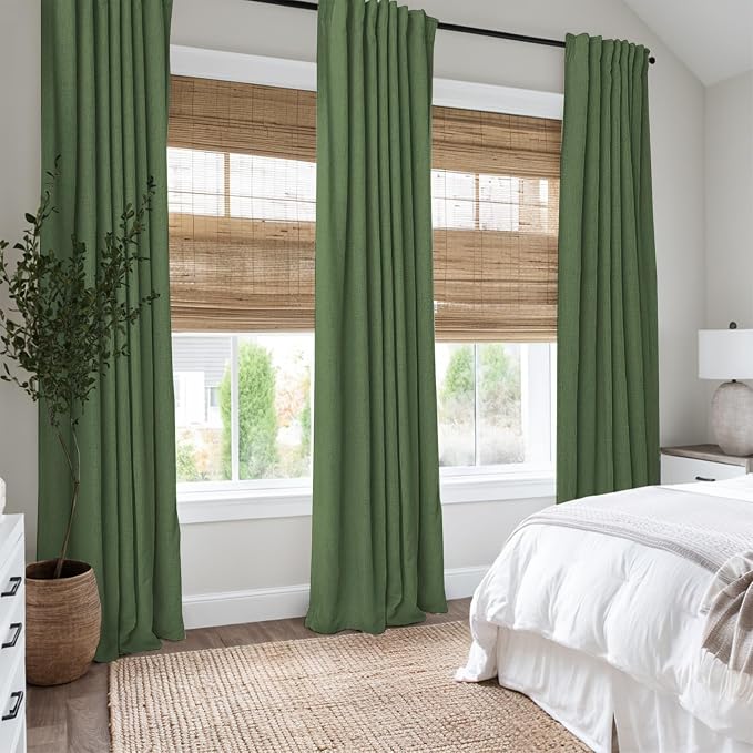 INOVADAY 100% Blackout Curtains 84 Inches Length 2 Panels Set, Back Tab/Rod Pocket Linen Black Out Curtains for Bedroom, Thermal Insulated Window Drapes - Moss Green, W50 X L84