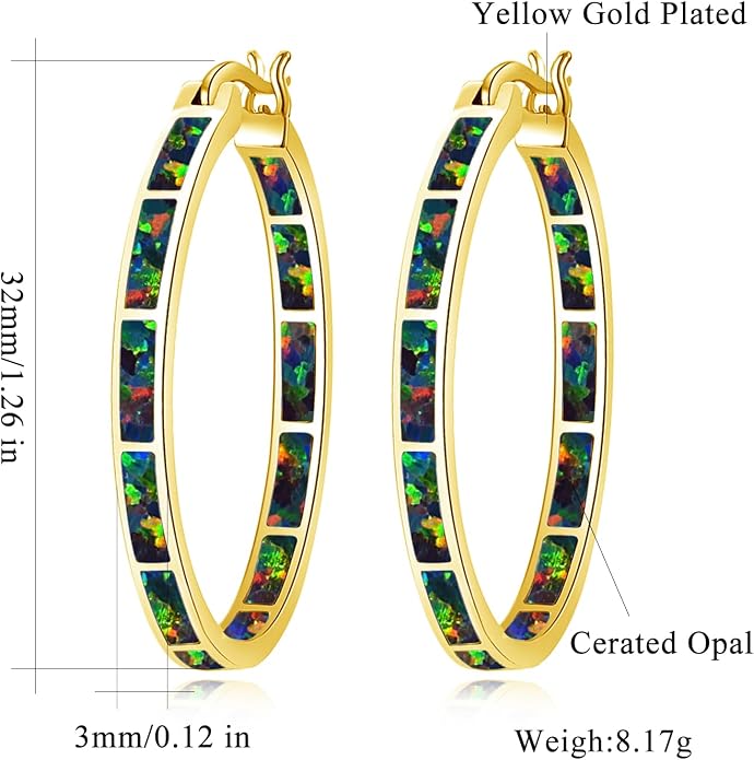 CiNily Opal Hoop Earrings,Women Jewelry Rhodium Plated/Rose Gold or Yellow Gold Plated Gemstone Big Hoop Earrings 32mm