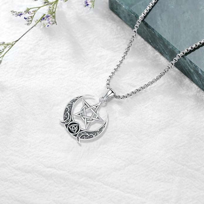 Pentagram Necklace Sterling Silver Triple Moon Goddess/Celtic Knot Witches Knot/Ankh/Sun and Moon/Hecate/Lilith/Santa Muerte/Tetragrammaton Pendant Necklace Pagan Wiccan Magic Egyptian Amulet Jewelry for Women Men