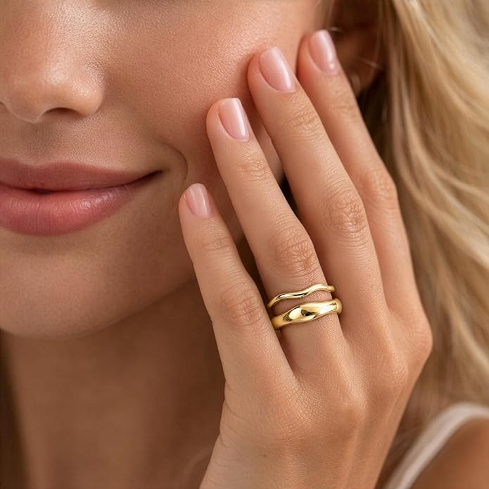 Gold Rings for Women Men Non Tarnish, Waterproof Chunky 14K Gold Plated Dainty Stackable Rings Trendy Statement Pinky Thumb Rings Engagement Eternity Wedding Band Ring Stacking Gold Jewelry Size 3 4 5 6 7 8 9 10 11