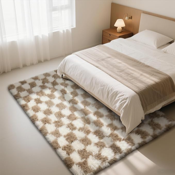 Checkered Rug for Living Room, 9x12 Beige and White Area Rugs, Classic Checkered Carpets Shag Area Rug, Bedside Rugs for Living Room Bedroom Room Home Decor