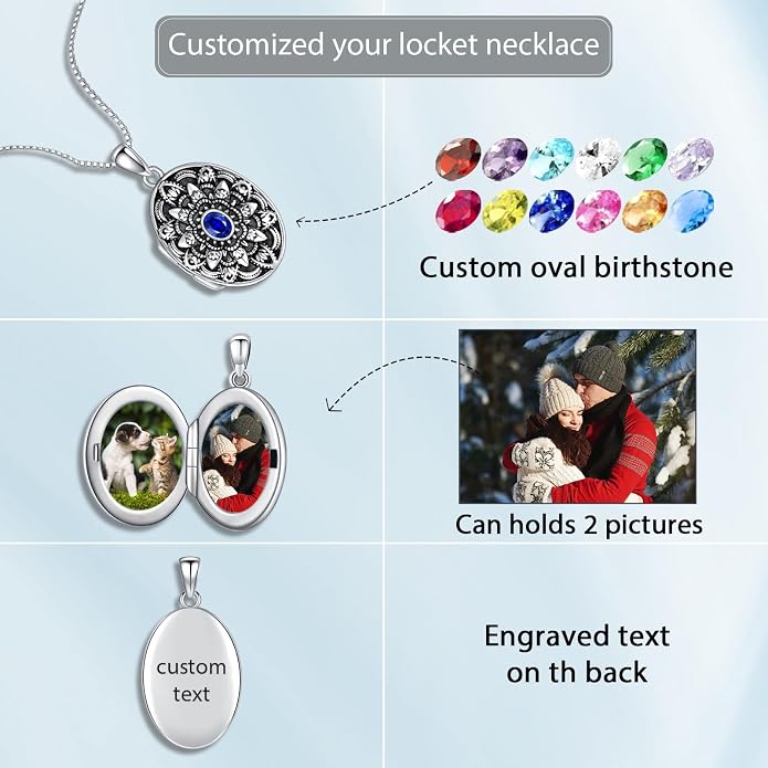 Round/Heart/Oval Shape Locket Necklace That Holds Pictures 925 Sterling Silver Personalized Birthstone Photos Engraved Locket Pendant Birthday Memorial Jewelry Gift for Women