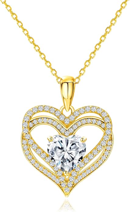 Anniversary Charm Necklace, Sterling Silver 14K Gold Plated Chain with Interlocking Heart Pendant Elegant Birthstone Necklaces for Women, Length 18"